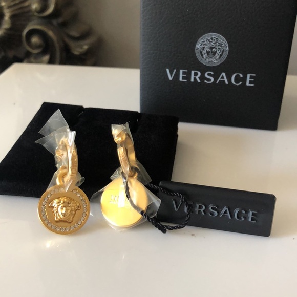 VERSACE Gold tone Greca Medusa Drop Earrings with Crystals - Picture 14 of 15